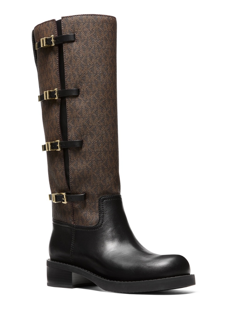 Micheal Kors Over-the-Knee Buckle Leather & Textured Shaft Boot - Black & Brown